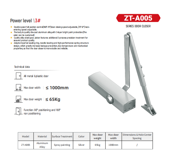 ZT-A005 Aluminum Hydraulic Door Closer | Reliable Surface Mounted Door Closer for Commercial & Residential Applications