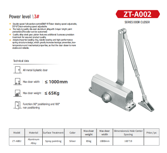 ZT-A002 Series Door Closer – Professional EN3 Hydraulic Door Closer for Commercial & Residential Applications